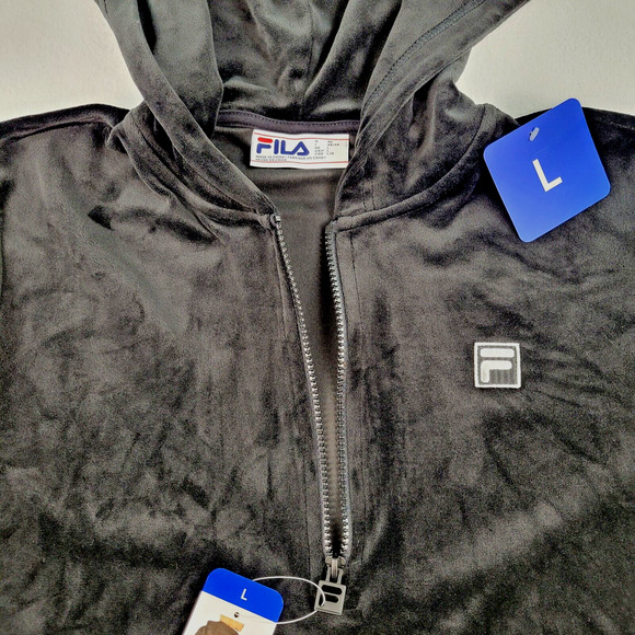New Fila Hoodie Womens Large Black Velvet 1/4 Zip Hooded Pullover Sweatshirt NWT - Picture 7 of 15